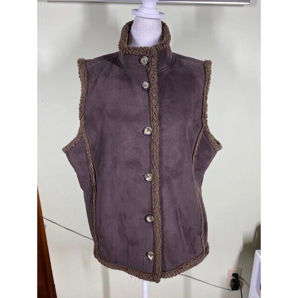 L.L. Bean Womens Sz XL Chocolate Brown Faux Suede Sherpa Lined Button Front Vest - Picture 1 of 12